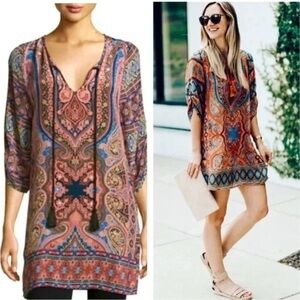 Tolani 100% Silk Tunic Dress Boho Paisley Tie Neck Long Sleeve Blue Orange Small